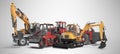 Concept group of road machinery excavator road roller 3D rendering on gray background with shadow