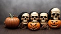 A Group Of Skulls Sitting Next To Pumpkins. Generative AI