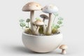 The concept of growing mushrooms. White mushrooms grow in a pot. 3D Illustration on white background. Generative AI