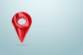 Concept guidebook, navigator. Red location symbol, sign or navigation locator, gps map, pointer, waypoint marker. 3D illustration