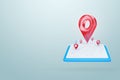 Concept guidebook, navigator. Red map location symbol, sign or navigation locator, gps map, pointer, waypoint marker. 3D