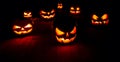 The concept of Halloween. Many glowing fiery light angry scary pumpkins. jack lantern in the dark, on a wooden background Royalty Free Stock Photo