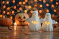 Ghostly Halloween Scene with Pumpkins and Bats in the Background. Concept Halloween Photoshoot,