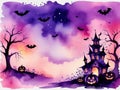 Halloween Watercolor Background With Haunted House And Bats. Generative AI Royalty Free Stock Photo