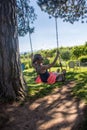 Adult woman swinging on a wooden tree swing in Mt. Hood Oregon. Royalty Free Stock Photo