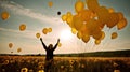 The concept of happiness, a girl in a field with a group of flying yellow balloons. AI generated.