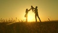 Concept of a happy childhood. child, dad and mom play in the meadow in the sun. mother, father and little daughter Royalty Free Stock Photo