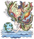 Concept of happy earth day, april 22, ecology. Cartoon vector illustration. Human holding earth.