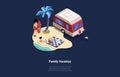 Concept Of Happy Family Summer Vacations. Dad With Son On The Beach Near Luxury Camping Trailer And Palm Tree. Son Royalty Free Stock Photo