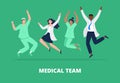 Concept of happy medicine team. Multicultural group of people jumping with raised hands in various poses.