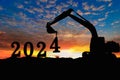 Concept happy new year 2024,crawler excavator silhouette with lift up bucket the number four .