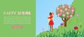 Concept of happy spring love or valentine day , two enamored under a love bloossom tree in the spring season web banner