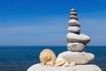 Concept of harmony and balance. Rock Zen of seashells on a background of summer sea. Royalty Free Stock Photo