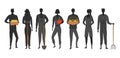 Concept Of Harvesting And Eco Farm Agriculture. Silhouettes Of Men And Women Are Standing On Farmyard With Rich Harvest