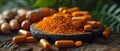 Turmeric and Curcumin Health Supplement Display with Natural Backdrop. Concept Health Benefits,