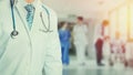 Concept of health care and medicine. Confident professional doctor in white coat with stethoscope, portrait, unrecognizable person