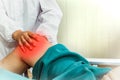 Woman doctor examines pain in the groin and knee of a pregnant woman.