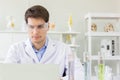 Concept of health care researchers working in biological science laboratories The young male research scientist is preparing Royalty Free Stock Photo