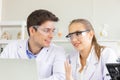 Concept of health care researchers, researchers working in biological science laboratories, young research scientists and male Royalty Free Stock Photo