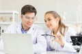 Concept of health care researchers, researchers working in biological science laboratories, young research scientists and male Royalty Free Stock Photo