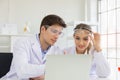 Concept of health care researchers, researchers working in biological science laboratories, young research scientists and male Royalty Free Stock Photo