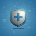 Concept Of Health Protection. Medical Shield On A Blue Abstract Background