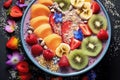 Concept of healthy breakfast with fresh fruits, berries and nuts, balanced diet nutrient-rich, close-up photography. Generative AI Royalty Free Stock Photo