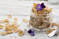 The concept of a healthy breakfast of whole wheat cereals, berries and edible flowers on a garden violet on a light Royalty Free Stock Photo