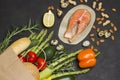 Concept of healthy eating and longevity. Food sources of omega 3, protein. Paper bag with salmon leavy vegetables, beans nut Royalty Free Stock Photo