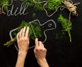 Concept of healthy eating, process of cooking, a healthy lifestyle. Hands of a woman, fresh dill on a hand-drawn cutting board, kn Royalty Free Stock Photo