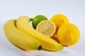 The concept of healthy eating, weight loss, . Bananas, lemon, lime