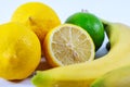 The concept of healthy eating, weight loss, . Bananas, lemon, lime