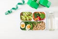 Concept healthy food and sports lifestyle. Vegetarian lunch. Healthy breakfast. Proper nutrition. Lunchbox. Top view. Flat lay Royalty Free Stock Photo