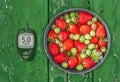 Fresh natural strawberries and gooseberries in a bowl with a glucose meter with a good glucose indicator