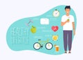 Concept of healthy lifestyle infographics. Young man lead a healthy lifestyle. Icons for web: fitness, healthy food and metrics.