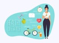 Concept of healthy lifestyle infographics. Young woman lead a he