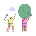 Concept Of Healthy Lifestyle And Leisure. Seniors Man And Woman Play Badminton Together. Aged Characters