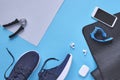 Concept healthy lifestyle outfit, sport and diet. Top view, text space. Athlete`s set. Flat lay composition. Sports unisex, male a