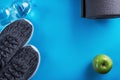 The concept of healthy lifestyle. Sport shoes, bottle of water, apple and yoga mat with copy space on blue background. Exercise eq