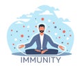 Concept of healthy lifestyle and strong immunity. Man sitting in meditation lotus position in protective bubble. Force