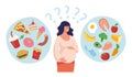 The concept of healthy and unhealthy food during pregnancy. A pregnant woman is thinking about her menu, the Royalty Free Stock Photo