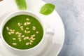 The concept of a healthy, vegetarian or dietary food: cream spinach soup, with pine nuts and basil. With slices of vegetarian
