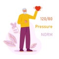 Concept for heart health and blood pressure control in old age. Happy elderly man with a heart in his hand. Inscription 120 80 Royalty Free Stock Photo