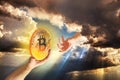 heavenly bitcoin divine hand gold digital money computer trading online internet clouds sky skies