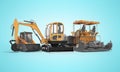 Concept heavy equipment excavator mini loader paver front view 3d illustration on blue background with shadow