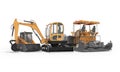 Concept heavy equipment excavator mini loader paver front view 3d illustration on white background with shadow