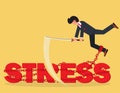 Concept of heavy stress. confident businessman uses a sword to fight stress