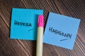 Concept of Hedera Hashgraph write on sticky notes isolated on Wooden Table Royalty Free Stock Photo