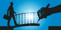 Concept of help, with a hand drawing a bridge to allow a man to cross a chasm. Royalty Free Stock Photo