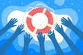 Concept of Help. Helping Business survive. Hands catch a lifebuoy. Getting lifebuoy for help, support, and survival.